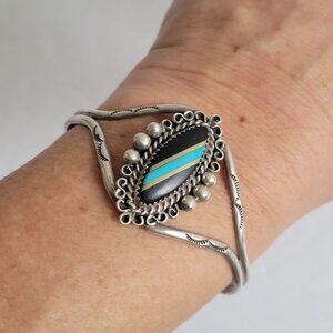Vintage Zuni Signed Native American Sterling Silver Cuff Bracelet Turquoise Onyx